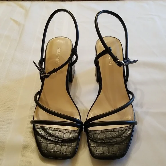 Nine West Wingrayce Black Strappy Chunky Heel Sandals - Picture 1 of 9